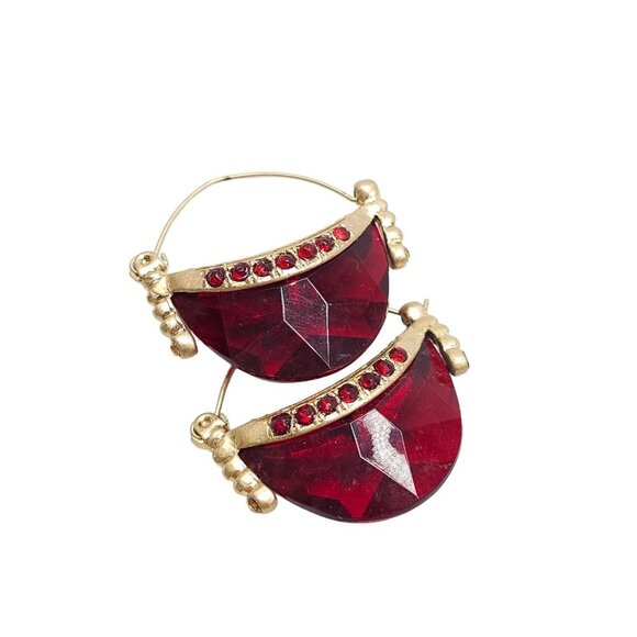 Vintage Costume Jewelry Earrings Gold Tone Metal Red Faux Rhinestones - Picture 3 of 4